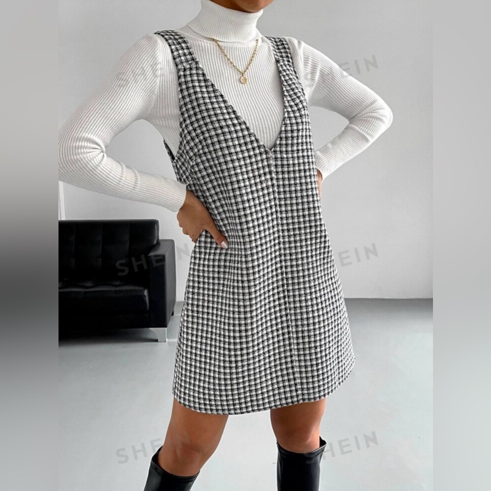 Plaid print overall dress (without sweater)